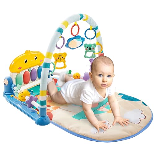 JAWOJOWA Baby Play Mat,Baby Gym with Kick and Play Piano,Tummy Time Baby Activity Mat with 5 Infant Sensory Toys,Music and Lights Toys for Newborn Infant Boys Girls Toddles,Blue