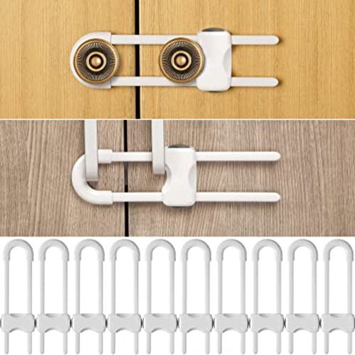 Jetec 10 Pieces Cabinet Locks for Babies, U-Shaped Proofing Drawers Safety Child Locks Adjustable, Easy to Use Childproof Latch for Knob Handle on Kitchen Door Storage Cupboard Closet (White)