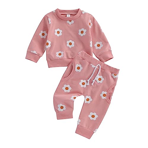 PUHHAPIEY Baby Girl Fall Winter Outfits Toddler Clothes Long Sleeve Floral Graphic Crewneck Sweatshirt + Joggers Pants Set