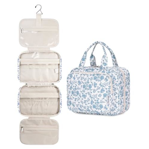 Narwey Hanging Floral Toiletry Bag for Women Travel Makeup Bag Organizer Toiletries Bag for Travel Size Essentials Accessories Cosmetics (Blue Flower (Medium))