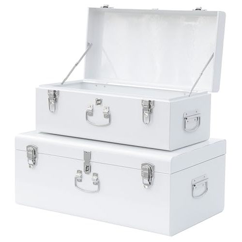 Vixdonos Decorative Large Metal Box Storage Trunk Chest Set of 2 College Dorm Organizer with Hardware Hasps and Handle for Home Deocr,23.7X14.2X9.5 Inches