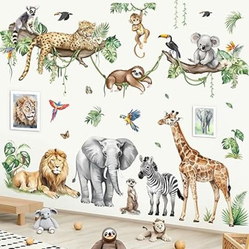 decalmile Large Jungle Animals Tree Branch Wall Stickers Safari Elephant Giraffe Leopard Tropical Leaves Wall Decals Baby Nursery Kids Room Wall Decor(XXL)