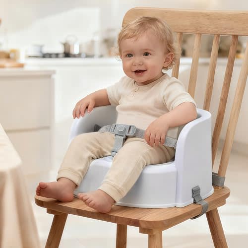 Booster Seat for Dining with 1 bib, Travel High Chair with 3-Point Harness and 2 Adjustable Straps, Washable Baby Food Chairs 6 Months Plus Sitting Up (Blue)