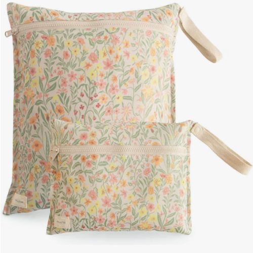 mushie Water Resistant Wet Bags | Large & Small Reusable Storage Bag for Baby Items and Travel | Zippered Pockets with Handle | Machine Washable, Set of 2 (Pastel Blooms)