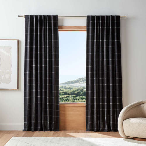 (1st choice curtains) Storm Grey & Crisp White Linen Double Pinstripe Grid Window Curtain Panel 52"x96"