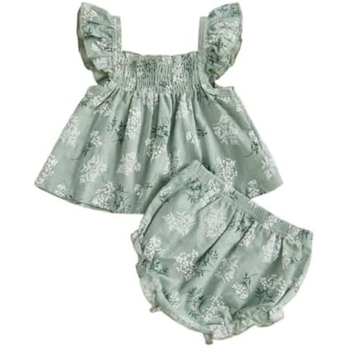 Hnyenmcko Infant Toddler Baby Girl Summer Clothes Floral Ruffle Sleeve Shirt Dress Tops and Bloomers Shorts Set Cute Outfits