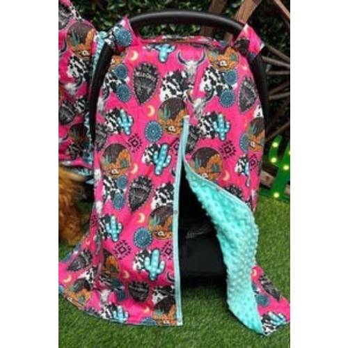 Baby Girls The Wild One Dessert Cactus Rodeo Western Cowgirl Cow Print Pink Turquoise Aztec Minky Infant Carrier Car Seat Cover