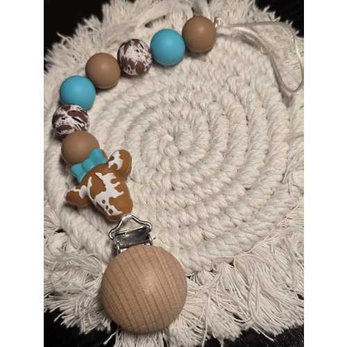 Cow Print Turquoise and Brown Western Pacifier Clip