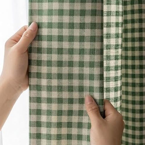 Green Farmhouse Paid Curtain 84 inch Length 2 Panels Cotton Linen Blend Gingham Curtain Panels for Living Room Bedroom Half Light Blocking Rod Pocket Drapes, Each W39 X L84 Inch