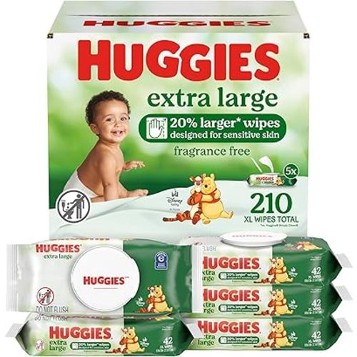 Huggies Extra Large Baby Wipes, Unscented, 5 Flip-Top Packs, 210 XL Wipes Total, Packaging May Vary