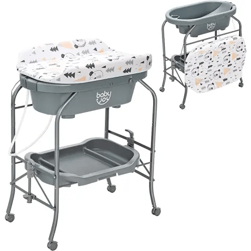 BABY JOY Baby Bathtub with Changing Table, Foldable Infant Diaper Changing Station with Storage Tray, Waterproof Pad, Portable Newborn Nursery Organizer Bath Stand with 4 Universal Wheels (Gray)