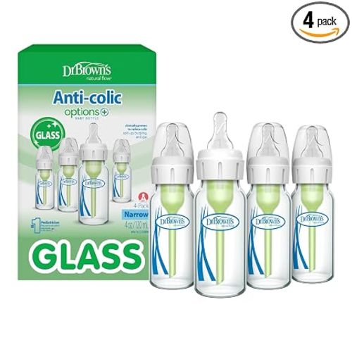 Dr. Brown's Anti-Colic Options+ Narrow Glass Baby Bottle with Level 1 Slow Flow Nipple, BPA-Free, 4 oz/120mL, 4-Pack