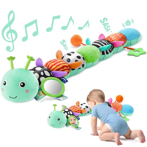 Sumobaby Baby Toys 0-6 6-12 Months, Music Caterpillar Plush Toy with Baby Mirror, Pull String&Crinkle Rattle,Infant Teething Toys,Tummy Time for 0-3-6-12 Month Boys Girls Newborn Gifts (Blue-Leaf)