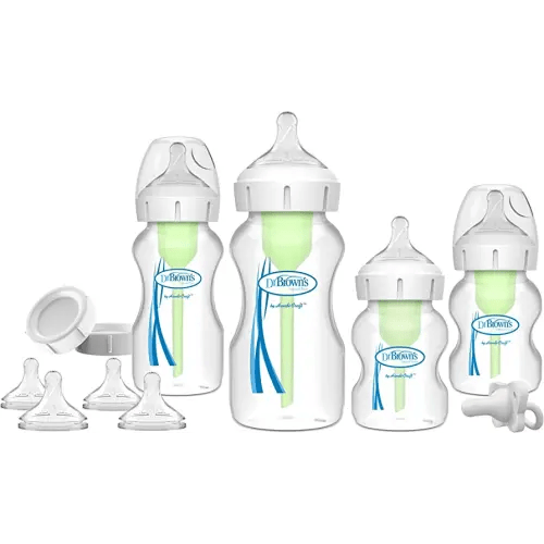 Dr. Brown's Natural Flow® Anti-Colic Options+™ Wide-Neck Bottle Essentials Gift Set with Breast-Like Nipple,100% Silicone HappyPaci™ Pacifier and Baby Bottle Travel Caps