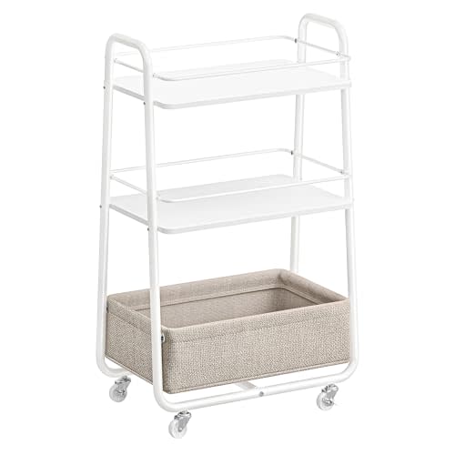 VASAGLE Storage Cart with Fabric Basket, 3-Tier Rolling Utility Cart | Cart with Wheels and Shelves, for Living Room, Bedroom, Kitchen, Cloud White, LILEA Collection ULRC001WB01