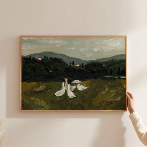 Italian Geese, Landscape Oil Painting by E. Christine | Fine Art Print