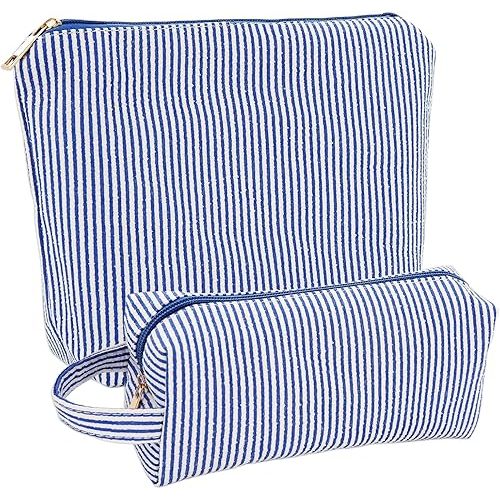 2 Pcs Makeup Bag, Toiletry For Women Cosmetic Bags Quilted Set Striped Preppy Make Up Pouch Gingham (Blue)