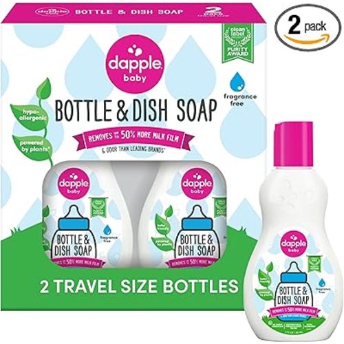 Dapple Baby Bottle Soap, Hypoallergenic Dish Soap for Baby Bottles, Powered by Plants, Travel Size, Fragrance Free, 3 Fl Oz (Pack of 2)