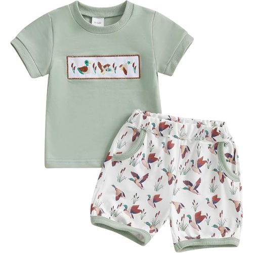 Toddler Baby Boy Hunting Outfit Summer Short Sleeve Mallard Duck T-shirt Checkered Plaid Shorts Two Piece Clothes