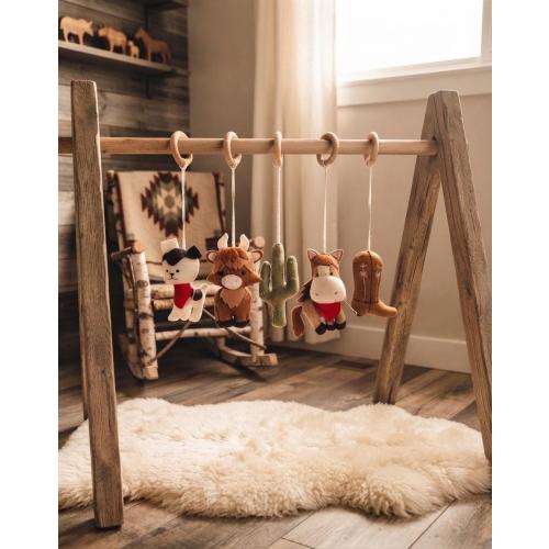 Handmade Felt Baby Gym Toys – Highland Cow & Cactus Set, Montessori Sensory Nursery Decor