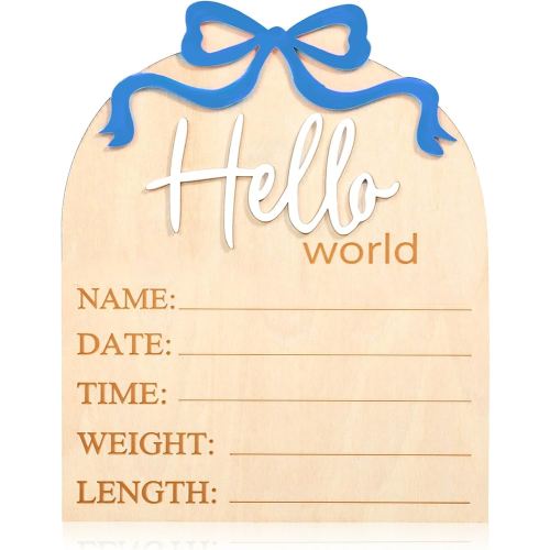 Hello World Newborn Sign, 5.9in Welcome Baby Sign- 3D Blue Bow Baby Birth Announcement Sign Hello World Plaques for Photo Props Hospital Nursery