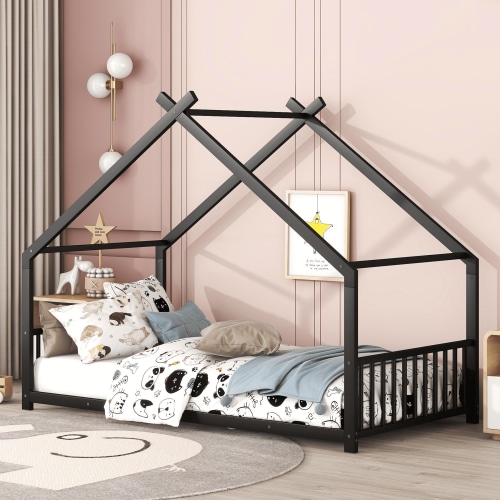 SESSLIFE Twin-Size House Bed, Metal Twin Platform Bed, House-shaped Design, Tent Bed with Roof and Chimney for Bedroom, Box Spring Needed, Easy Assembly,Black
