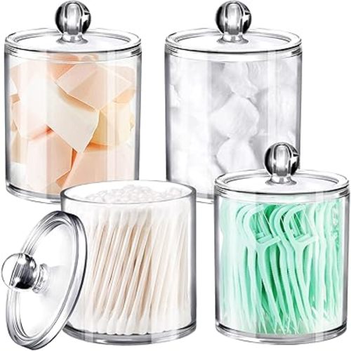 SheeChung 4 Pack Plastic Acrylic Bathroom Vanity Countertop Canister Jars with Storage Lid, Apothecary Jars Qtip Holder Makeup Organizer for Cotton Balls,Swabs,Pads,Bath Salts