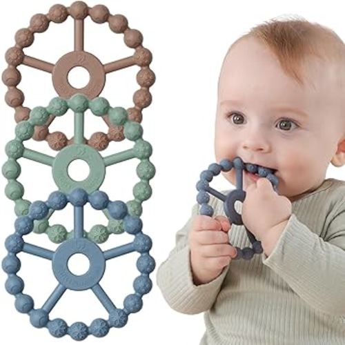 3 Pack Ring Teether Baby Infant Toys, Silicone Teething Ring Toys for Babies 0-6 Months, Seposeve Baby Teethers 6-12 Months 12-24 Months, Easy to Grasp Toy, Infant Teething Relief, Brown Green Blue