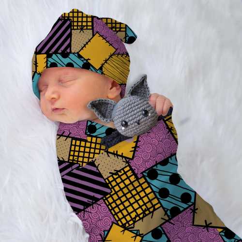 Goth Patchwork Baby Swaddle with Matching Hat + Headband + Bow, Halloween Sally Rags Nightmare Blanket for Newborn, Spooky Pastel Goth Baby