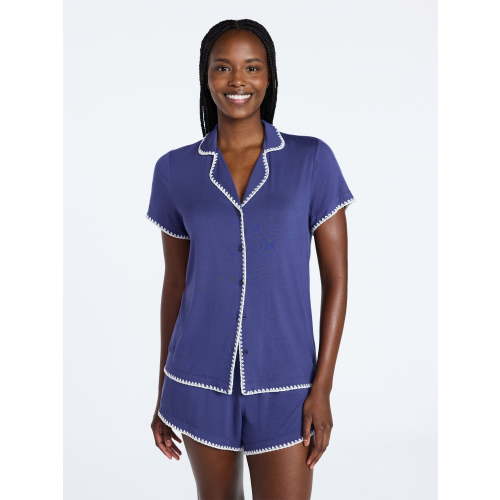 Joyspun Women’s Notch Top and Boxer Shorts Pajama Set with Blanket Stitching, 2-Piece, Sizes XS-3X