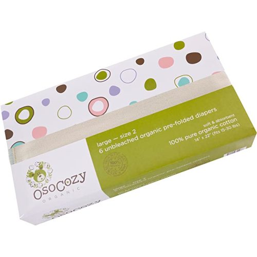 Size 2 OsoCozy Organic Cotton Prefold Cloth Diapers Traditional Fit Large (6pk), Fits 15-30 Lbs