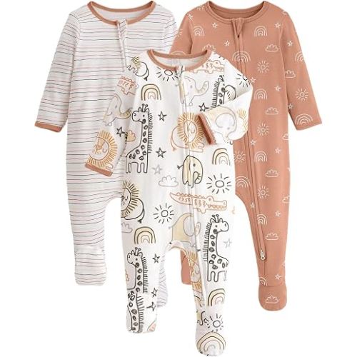 Yoofoss Baby Pajamas 100% Organic Cotton Baby Sleepers for 0-3 Months Boys Girls Clothes, 3-Pack Soft infant Toddler Footed PJs with Mitten Cuffs, Zipper Footies Pajamas