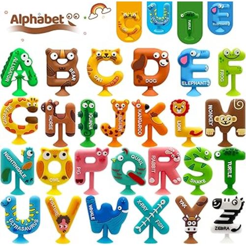 Suction Bath Toy for Toddler, 26PCS Animal Alphabet, Montessori Sensory Toy Gift for Kids Aged 3-12, Educational Spelling for Autism/ADD/ADHD,No Hole Bath Toy for Baby Toddlers