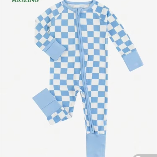 MIOZING Baby Boy Romper Long Sleeve, Checkerboard Plaid Print Bamboo Zipper Jumpsuit, Soft Breathable Blue White Outfit For Toddler | SHEIN USA