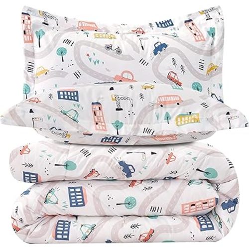 JSD Car Kids Comforter Set Twin Size, 2 Piece Printed Microfiber Comforter with Pillow Sham, Lightweight All Season Washable