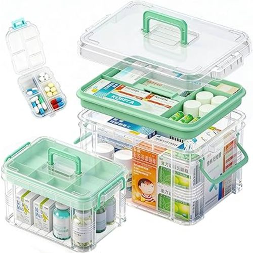 2 Pack Clear Medicine Organizer Storage Box with Tray, Portable Medicine Cabinet with Handle, Plastic First Aid box Empty with pill case for home and travel