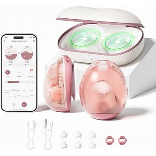 Momcozy Air 1 Ultra-Slim Breast Pump, Hands-Free Wearable Pump with Wireless Charging Case & App Control with Auto Mode & Full-Milk Alert, Industry-First Transparent Top for Easy Nipple Alignment