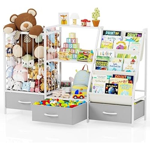 Kids Bookshelf and Toy Storage Organizer - 3-Tier Sling Bookcase with Stuffed Animal Storage and Fabric Toy Drawer - Kids Bin Shelf for Nursery, Bedroom & Playroom, 47.2" W