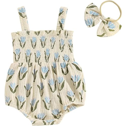 Infant Baby Girl Linen Romper Smocked Bubble Bodysuit Frill Trim Ruffle One-Piece Jumpsuit Casual Cute Summer Clothes