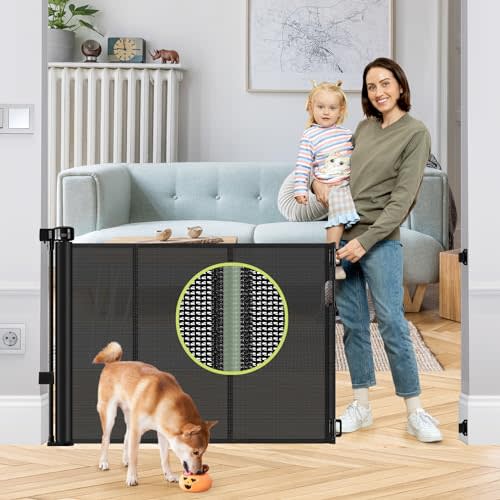 Reinforced 55" Wide Retractable Baby Gates with Reinforced Strips, Indoor/Outdoor Retractable Dog Gate for Doorway Prevent Bottom Drilling Through, No Bottom Bar Safety Mesh Baby Gate for Stair, Black