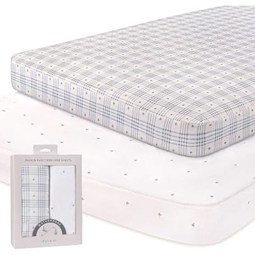 Ely's & Co. Waterproof Bassinet Sheets 2 Pack Baby Boy 100% Cotton Fitted Sheets 32 x 16 Blue Floral Plaid Soft Breathable Jersey Knit with Waterproof Lining Fits Bassinet Mattress Newborn Essentials