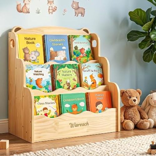 3 Tier Kids Bookshelf, Solid Wood Montessori Bookcase with Scalloped Design, Small Nursery & Toddler Room Storage Organizer, Baby Classroom Book Shelves, Children's Book Display Stand
