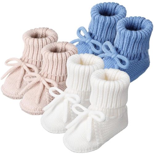 3 Pairs Knitted Baby Booties 0-6 Months Newborn Baby Shoes First Walkers Cozy Shoes for Infant Girl Boy