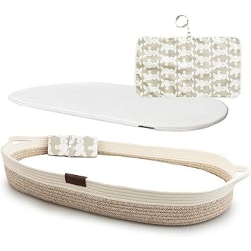 Deluxe Baby Changing Basket with Extra Travel Diaper pad, Foldable Baby Changing Pad with Water Repellent Cover, Cotton Rope Baby Basket, Changing Table Topper for Dresser (White Beige)