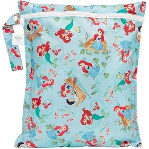 Bumkins Disney Ariel Waterproof Wet Bag for Baby, Travel, Swim Suit, Cloth Diapers, Pump Parts, Pool, Beach, Gym Clothes, Toiletry, Hook to Stroller, Daycare, Zipper Reusable Wetdry Packing Pouch
