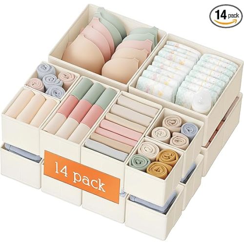 Criusia Drawer Organizer Clothes, 14 Pack Dresser Organizer for Baby Clothes, Underwear, Sock- Foldable Closet Organization and Storage Dividers Bins for Nursery, Bedroom and Dorm (Beige)