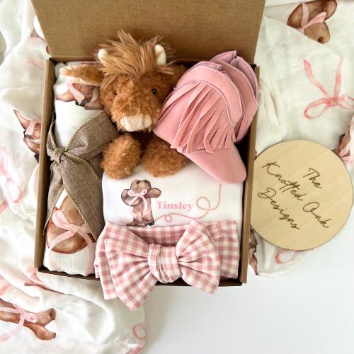 Baby girl cowgirl gift box, Personalized baby romper, swaddle, cow lovey, Baby boots