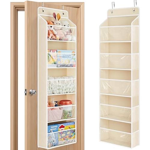 JARLINK Toy Stuffed Animal Storage, Over The Door Organizer W/Clear View Windows, 44lb Load, Baby Toy Storage Organizer for Nursery, Kid Bedroom, Newborn Baby Essentials (Beige)