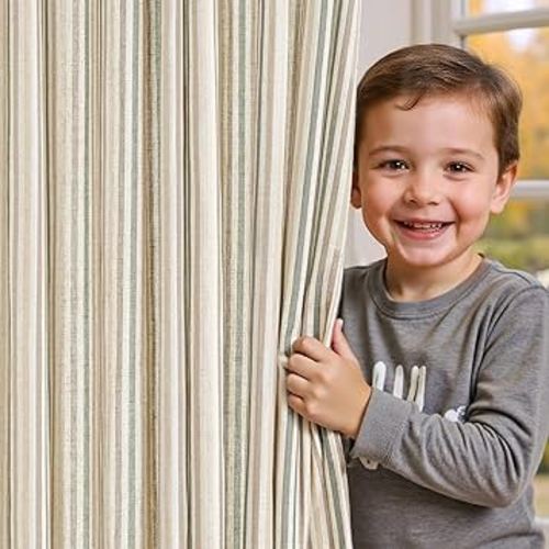 jinchan Colorful Linen Curtains for Nursery Living Room Multi Green on Beige Striped Curtains for Bedroom Cute Ticking Stripe Farmhouse Baby Boys Kids Room Light Filtering Grommet 2 Panels 84 inch
