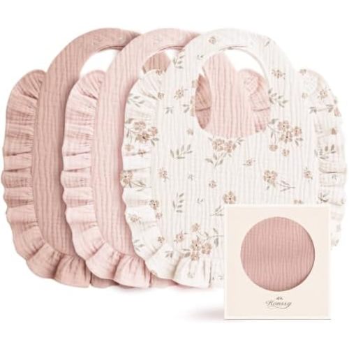 Konssy 3-Pack Muslin Baby Girl Bibs, 100% Cotton with Ruffle Trim